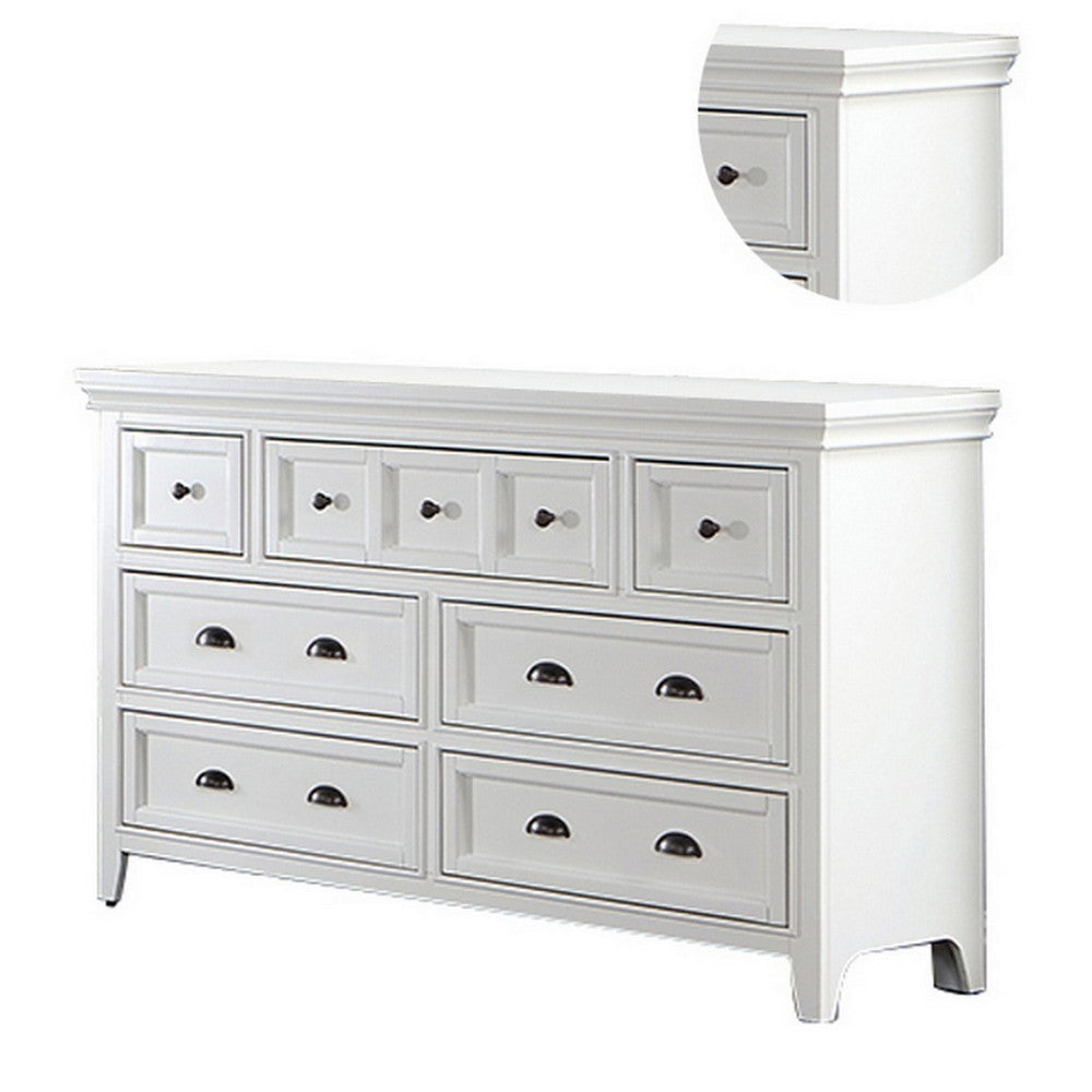 Cile 56 Inch Dresser 7 Gliding Drawers White Wood Round Nickel Handles By Casagear Home BM302179