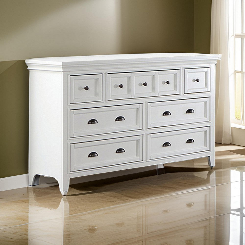 Cile 56 Inch Dresser 7 Gliding Drawers White Wood Round Nickel Handles By Casagear Home BM302179