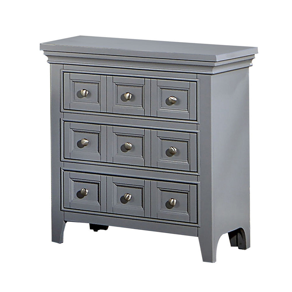 Cile 26 Inch Nightstand 3 Panel Drawers Gray Wood Round Nickel Handles By Casagear Home BM302180