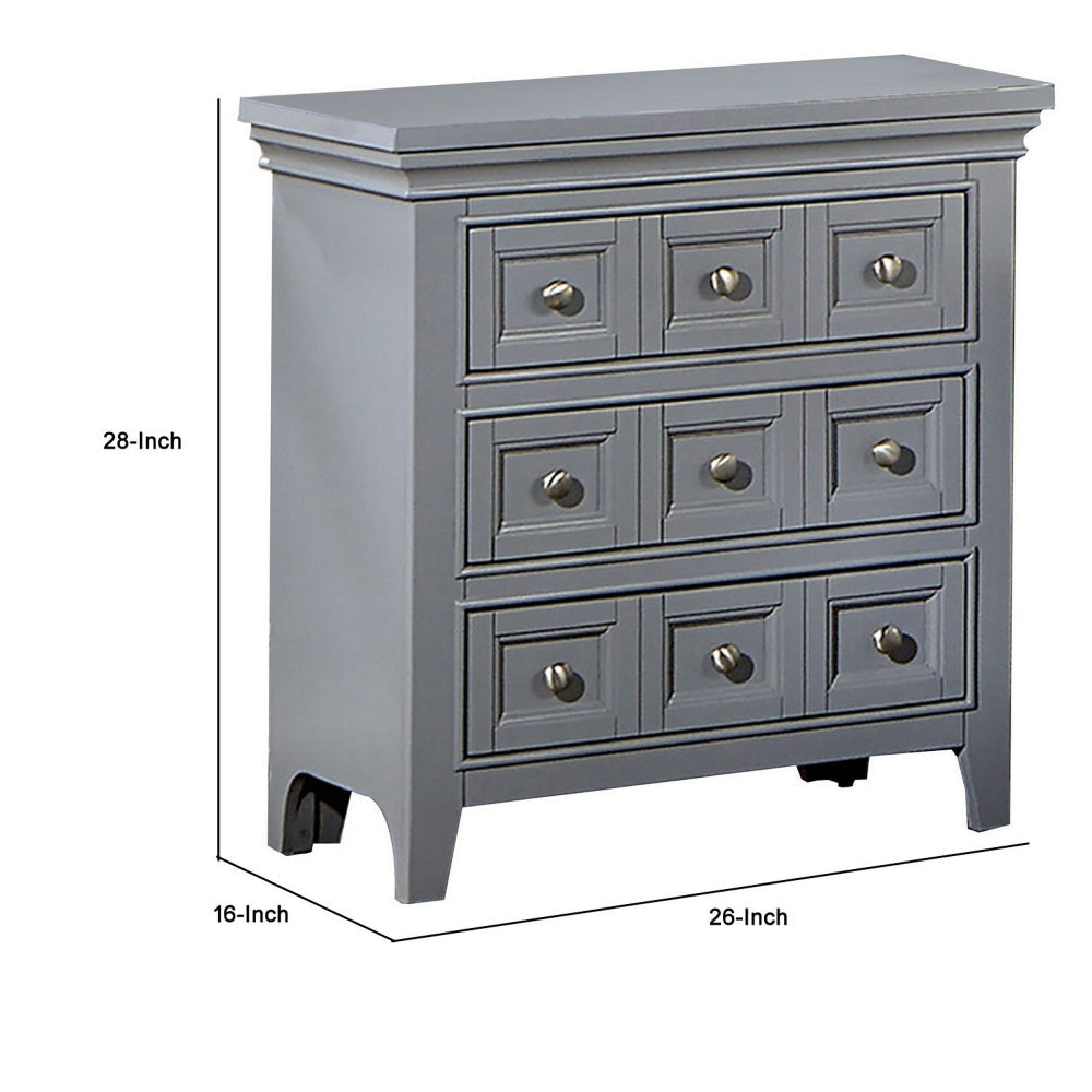 Cile 26 Inch Nightstand 3 Panel Drawers Gray Wood Round Nickel Handles By Casagear Home BM302180