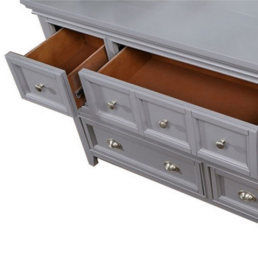 Cile 56 Inch Dresser 7 Gliding Drawers Gray Wood Round Nickel Handles BM302181