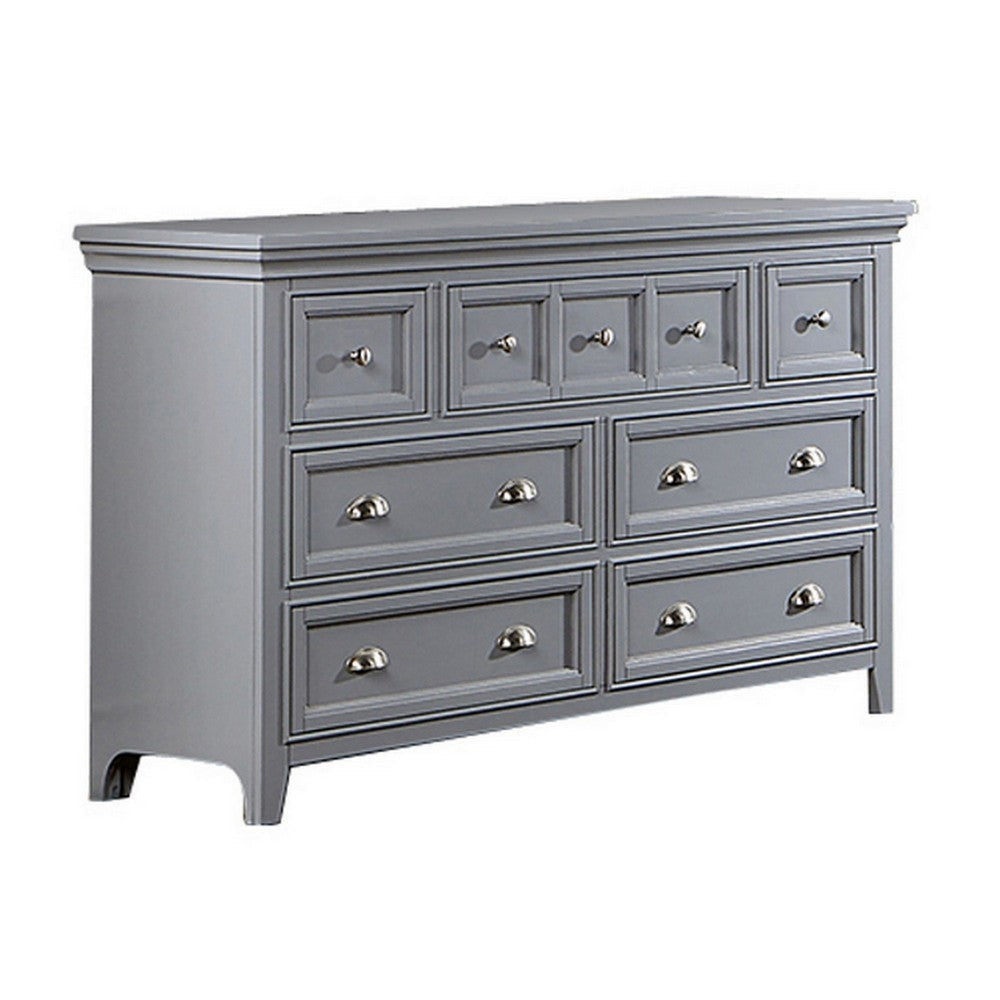 Cile 56 Inch Dresser, 7 Gliding Drawers, Gray Wood, Round Nickel Handles