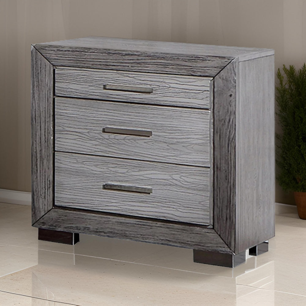 Reno 27 Inch Nightstand, Brushed Gray Wood, Chrome Bracket Legs, USB Ports By Casagear Home