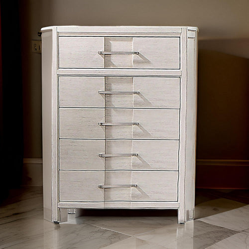 Varos 48 Inch Tall Dresser Chest, 5 Drawers, Nickel Bar Handles, White