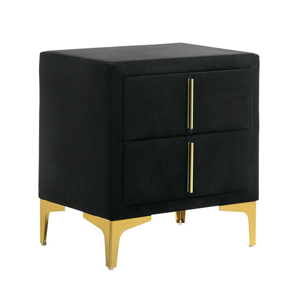 Bios 24 Inch Nightstand, 2 Drawers, Black Vegan Faux Leather, Gold Accents By Casagear Home