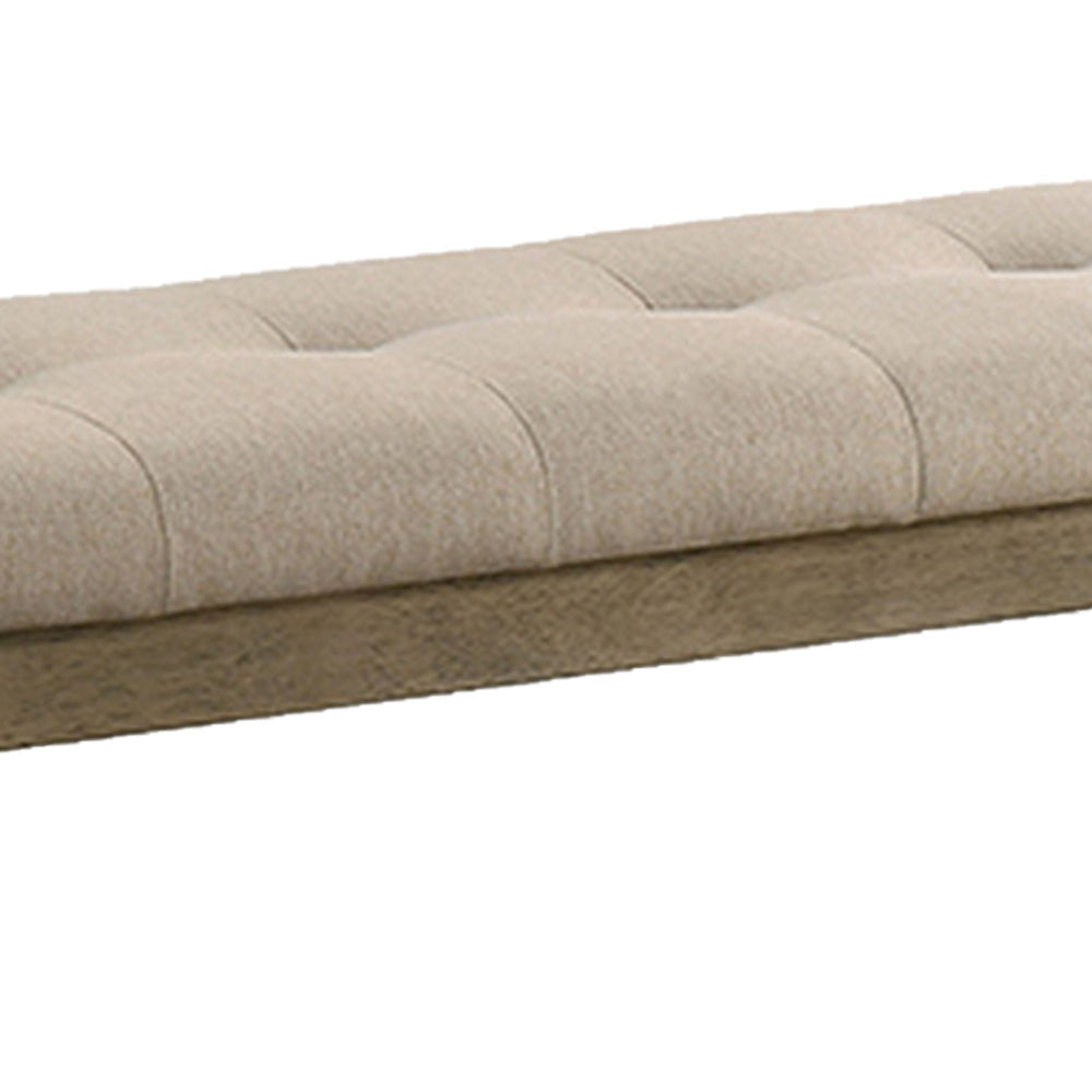 Alfa 48 Inch Farmhouse Bench, Beige Fabric, Tufted Seating, Brown Wood By Casagear Home