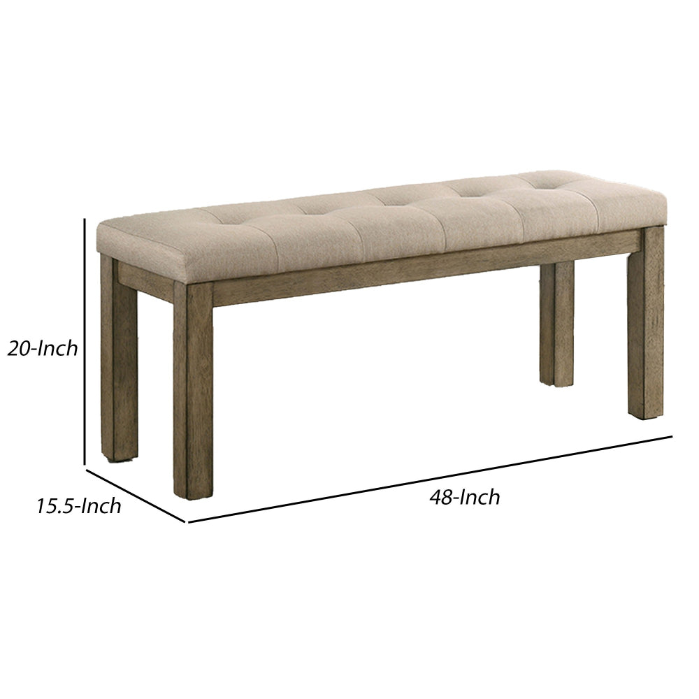 Alfa 48 Inch Farmhouse Bench, Beige Fabric, Tufted Seating, Brown Wood By Casagear Home
