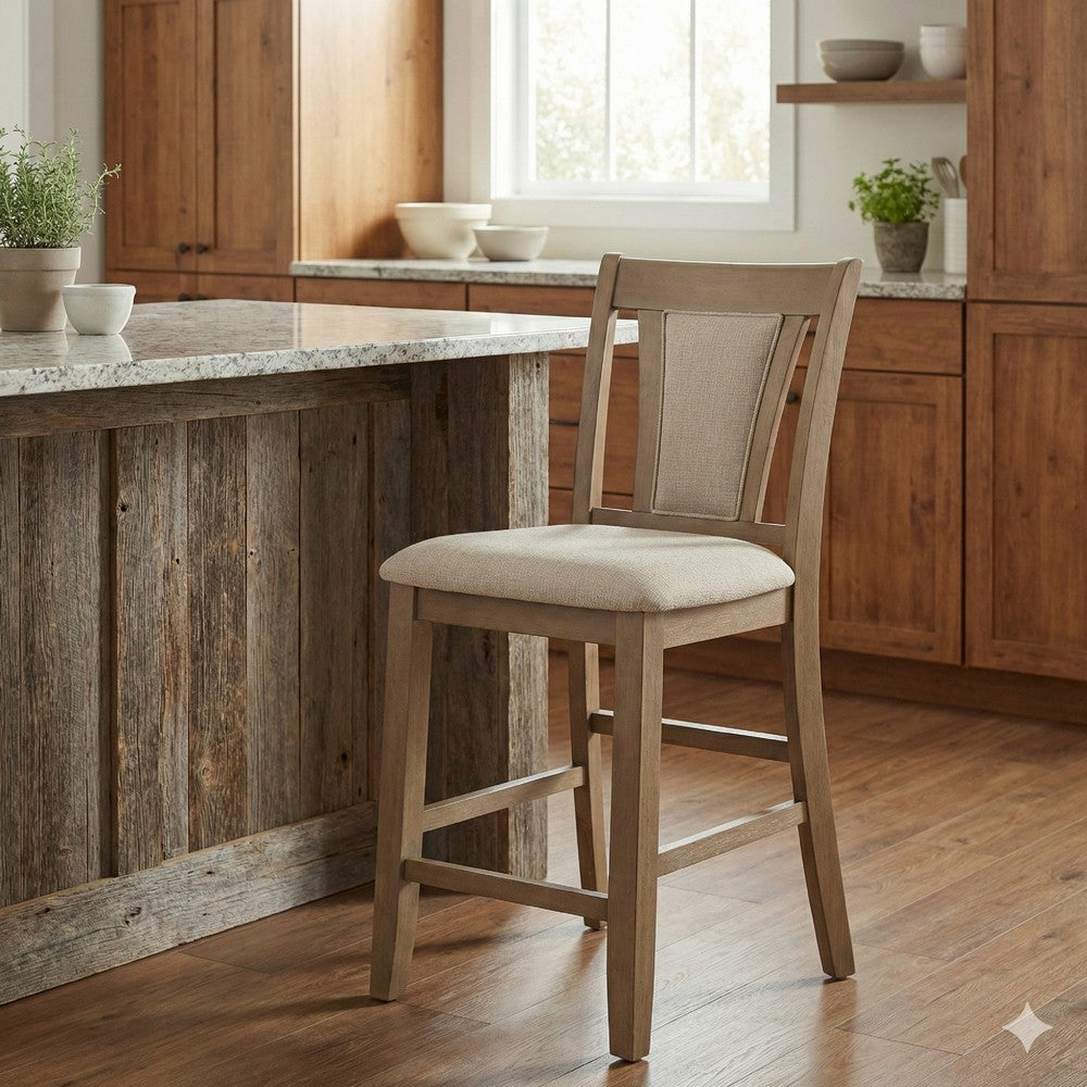 Mana 26 Inch Counter Height Chair, Set of 2, Beige Fabric, Brown Frame By Casagear Home