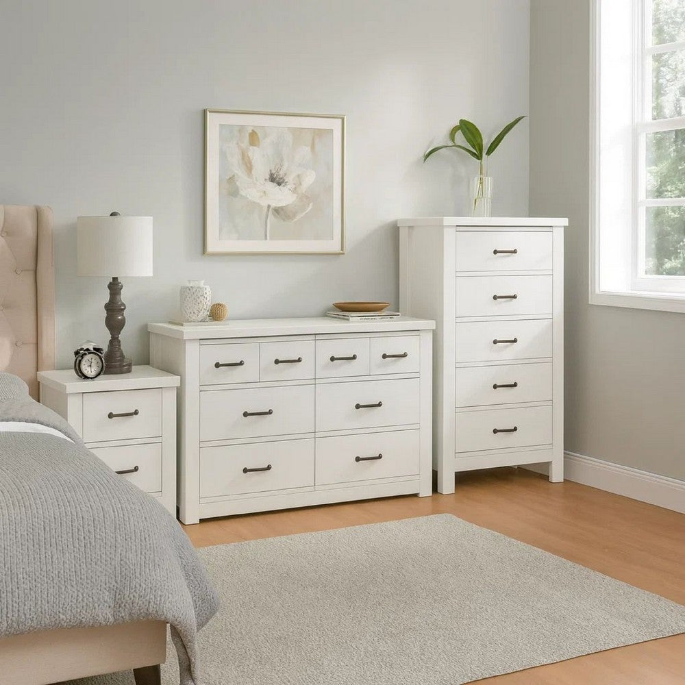 Jermy 3 Piece Bedroom Drawer Set, Black Handles, Classic White Finish  By Casagear Home