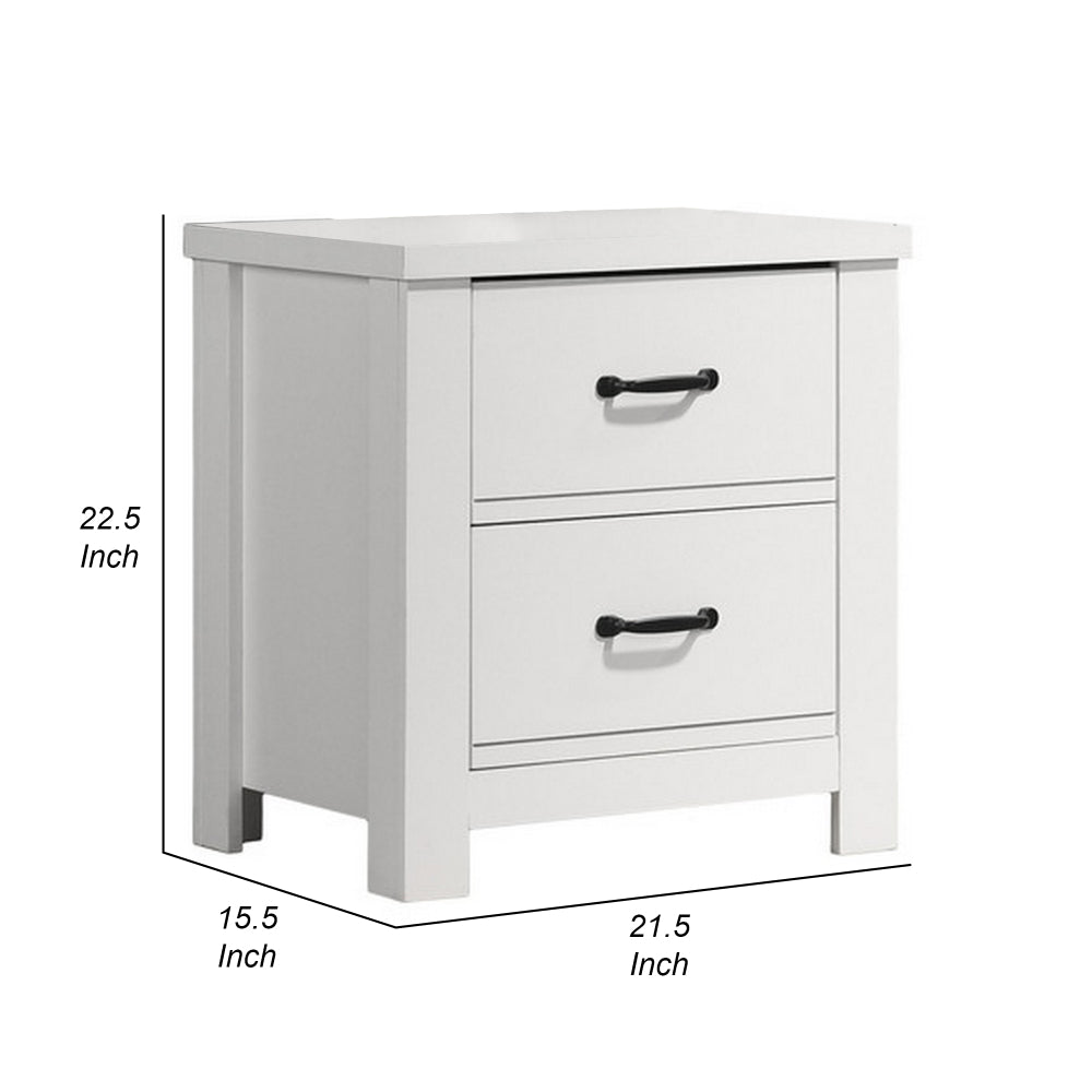 Jermy 22 Inch Nightstand, 2 Drawers, Black Handles, Crisp White Finish By Casagear Home