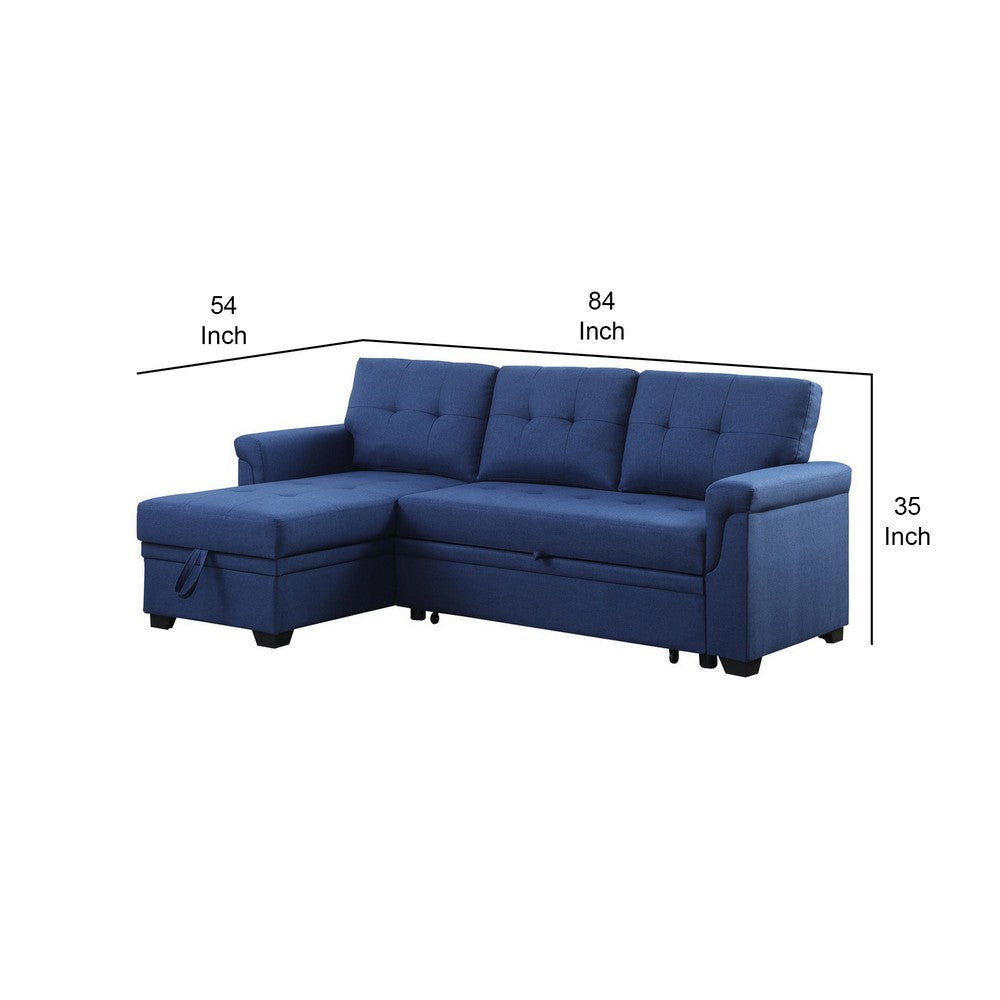 84 Inch Reversible Tufted Sectional Sleeper Sofa with Chaise Lounger Blue By Casagear Home BM302268