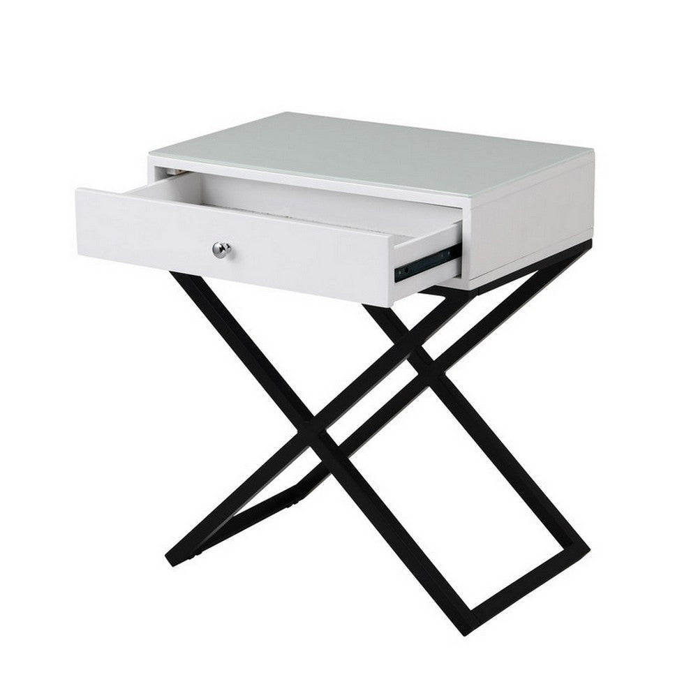 Zeno 27 Inch 1 Drawer Nightstand Glass Top Black Metal Cross Legs White By Casagear Home BM302301