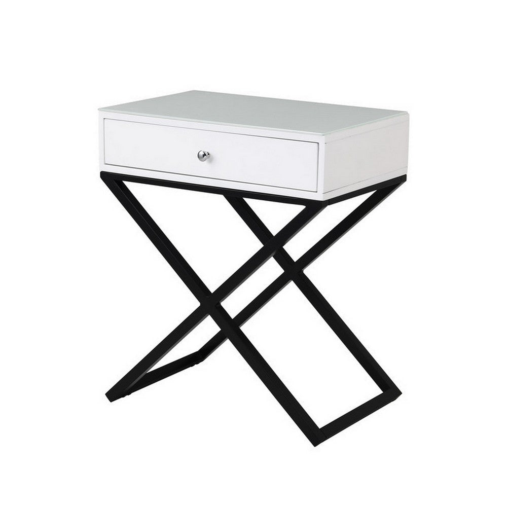 Zeno 27 Inch 1 Drawer Nightstand Glass Top Black Metal Cross Legs White By Casagear Home BM302301