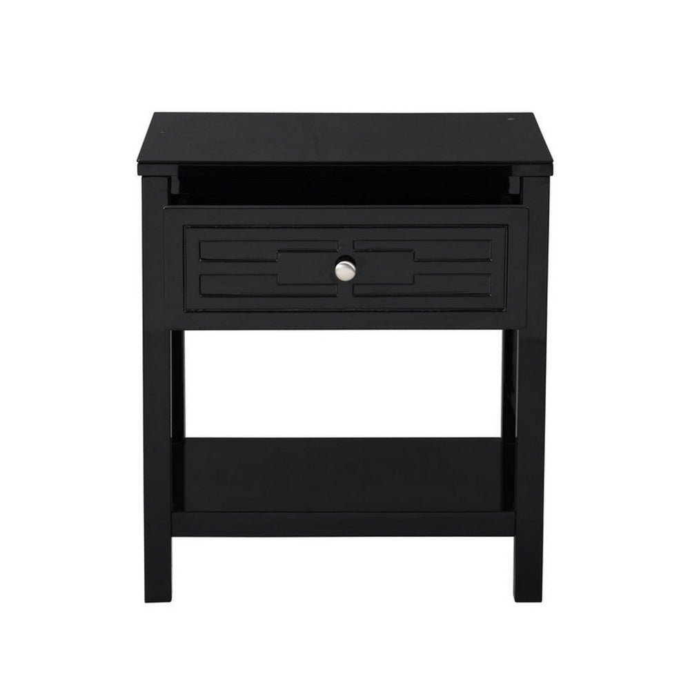 Fimo 27 Inch Nightstand with Drawer and Shelf, Glass Top, Modern Black Wood By Casagear Home