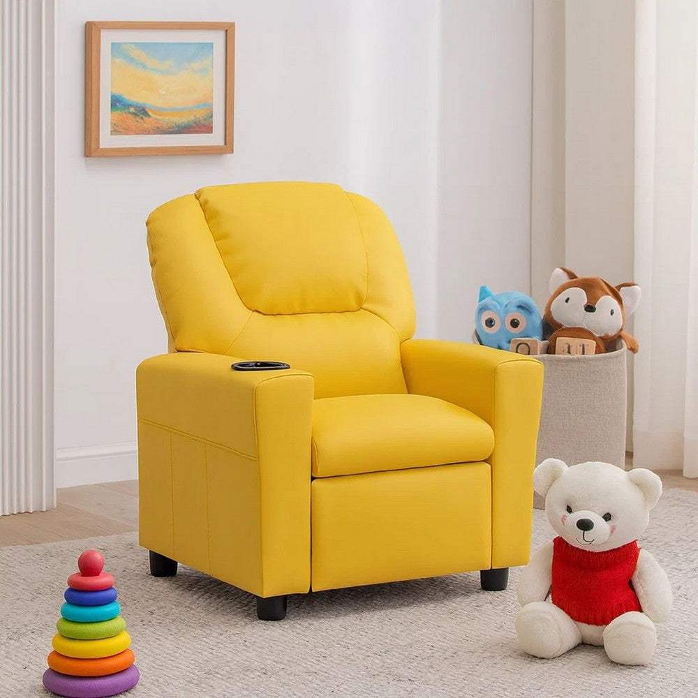 Kids Youth Recliner Chair with Cup Holder, Yellow Faux Leather Upholstery