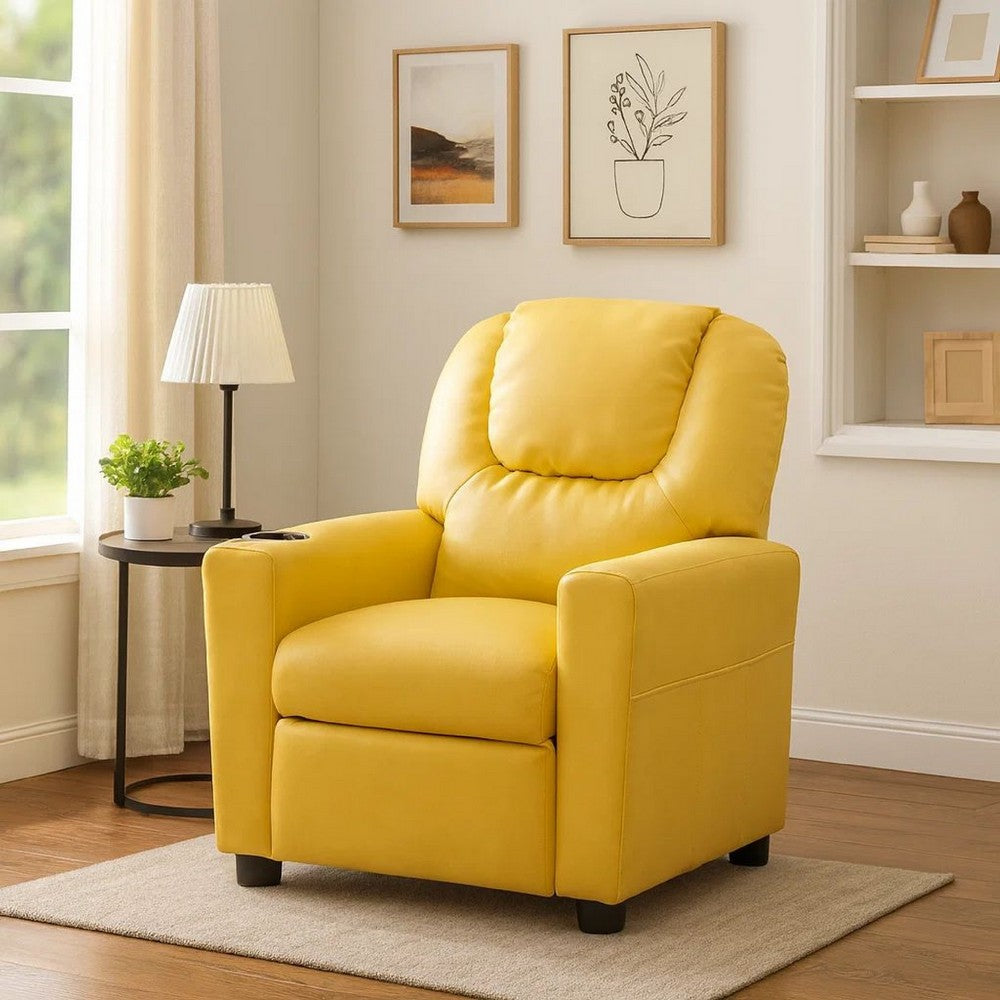 Kids Youth Recliner Chair with Cup Holder, Yellow Faux Leather Upholstery