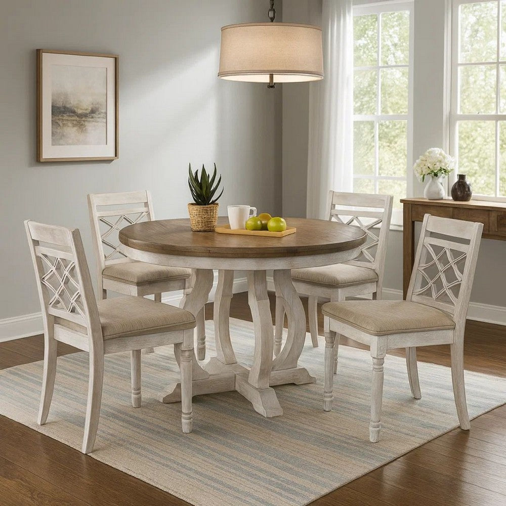5 Piece Dining Table Set, 4 Ergonomic Chairs, Off White Upholstery, Brown By Casagear Home