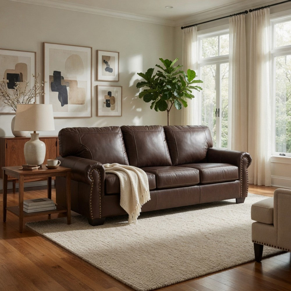 Ashley 92" Sofa, Nailhead Trim, Cushioned, Brown Leather Upholstery