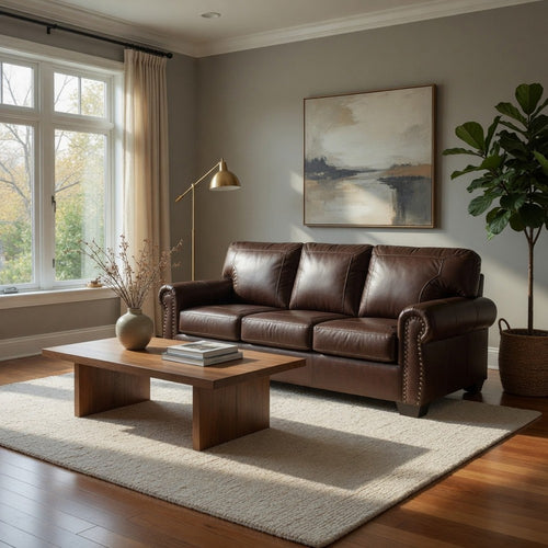 Ashley 92" Sofa, Nailhead Trim, Cushioned, Brown Leather Upholstery