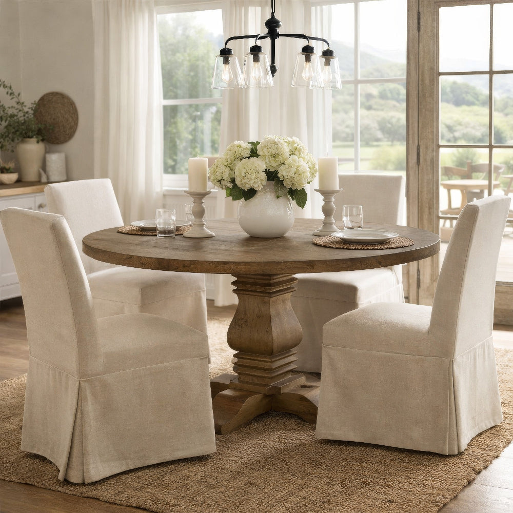 Som 60 Inch Round Dining Table, Cross Pedestal Base, Rustic Smoke Brown By Casagear Home