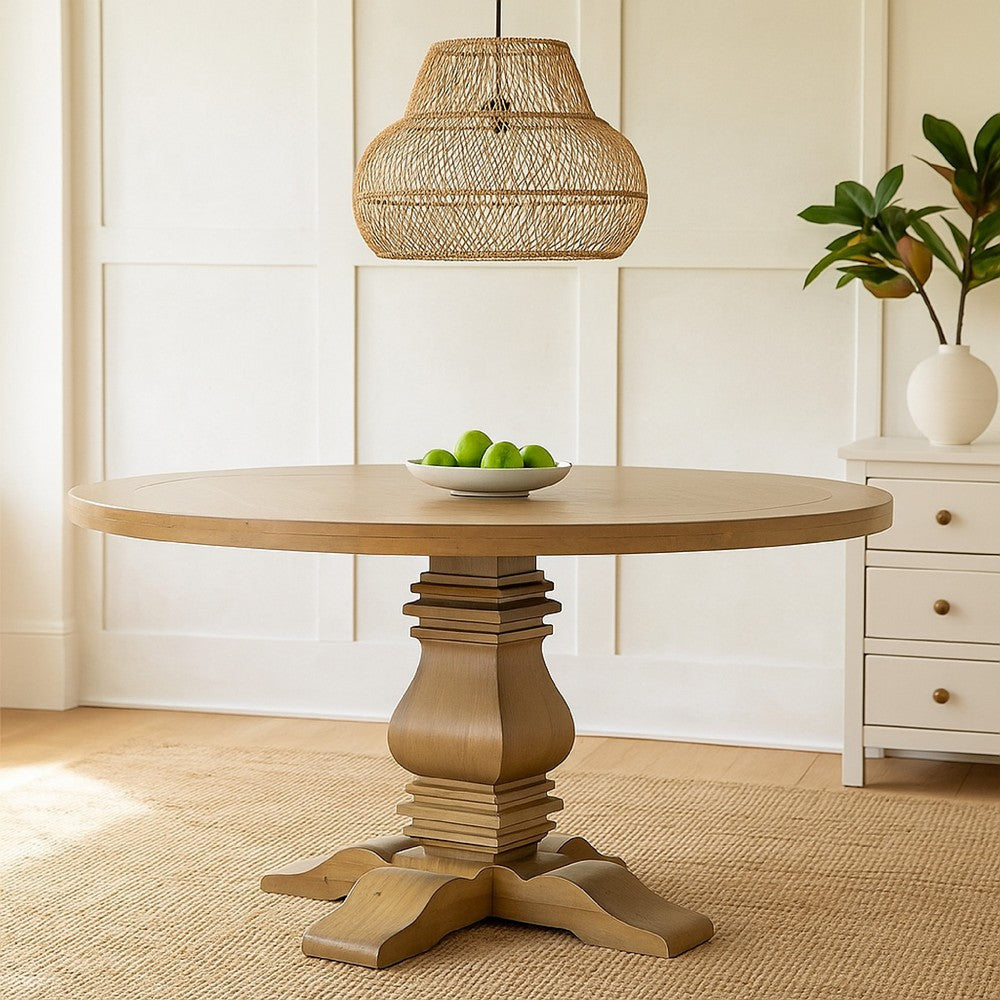 Som 60 Inch Round Dining Table, Cross Pedestal Base, Rustic Smoke Brown By Casagear Home