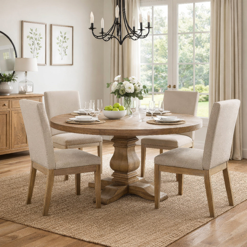 Som 60 Inch Round Dining Table, Cross Pedestal Base, Rustic Smoke Brown By Casagear Home