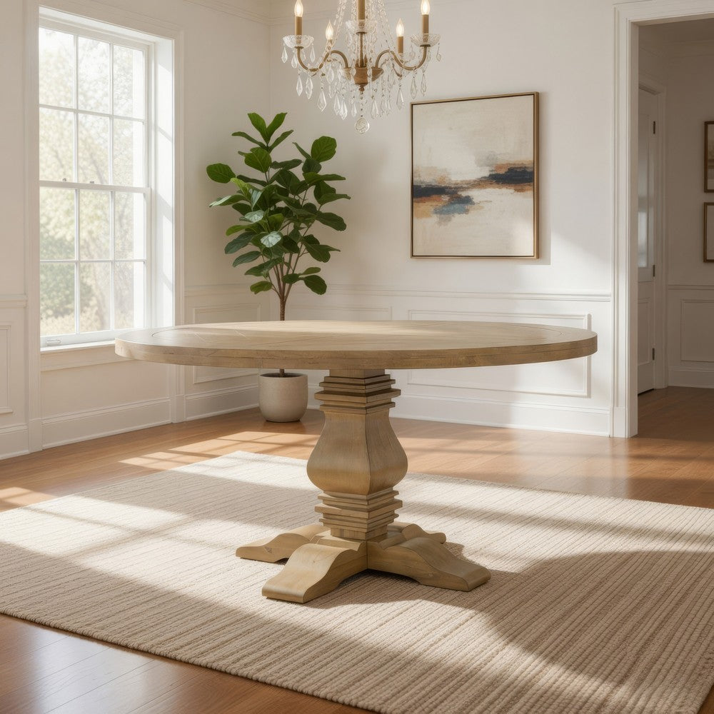 Som 60 Inch Round Dining Table, Cross Pedestal Base, Rustic Smoke Brown By Casagear Home