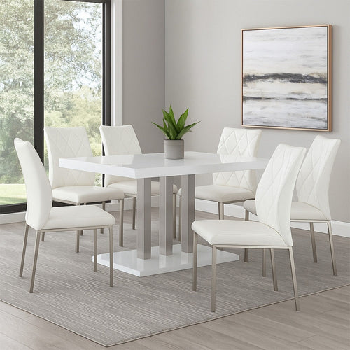63 Inch Dining Table, White High Gloss Top, Trio Legs, Chrome Pedestal Base By Casagear Home