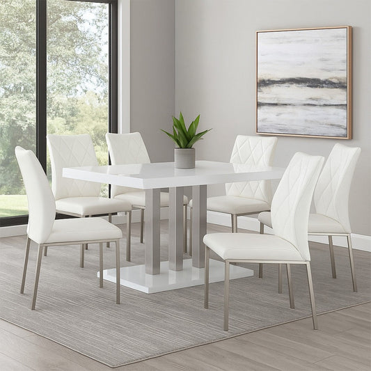 63 Inch Dining Table, White High Gloss Top, Trio Legs, Chrome Pedestal Base By Casagear Home