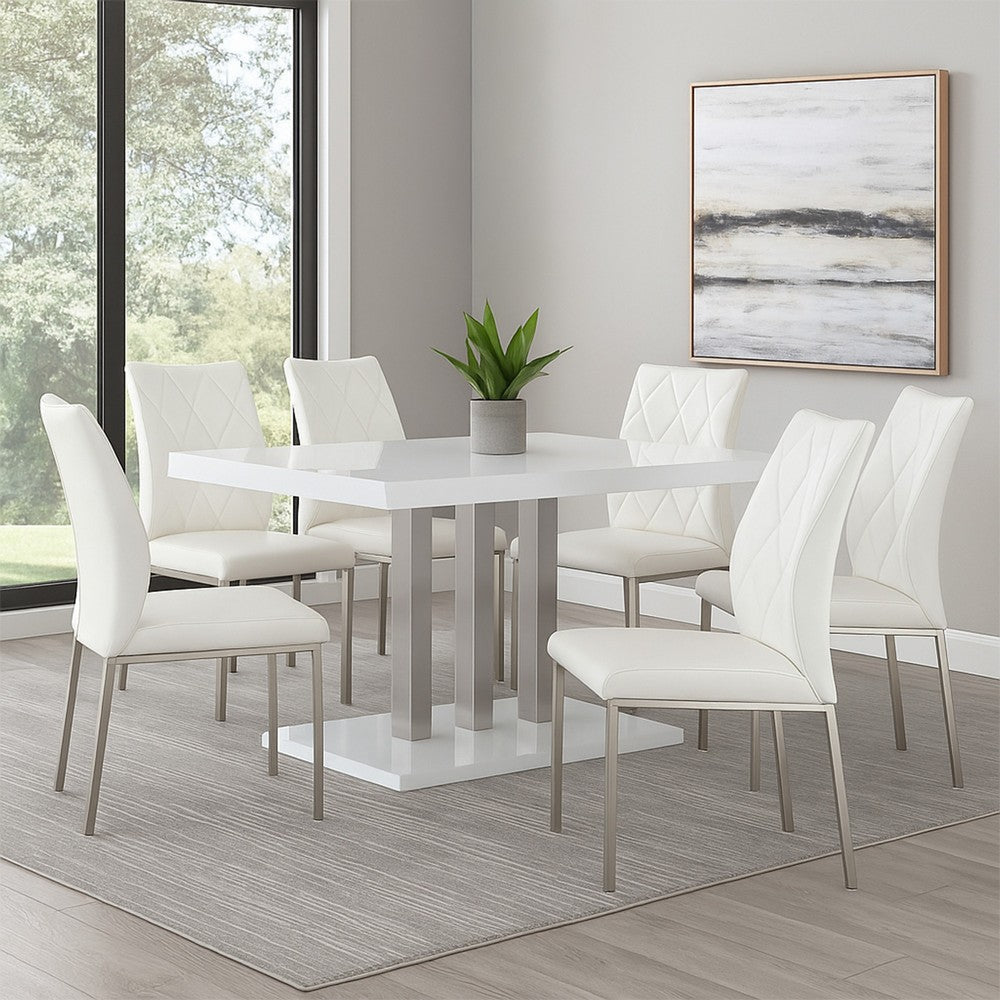63 Inch Dining Table, White High Gloss Top, Trio Legs, Chrome Pedestal Base By Casagear Home