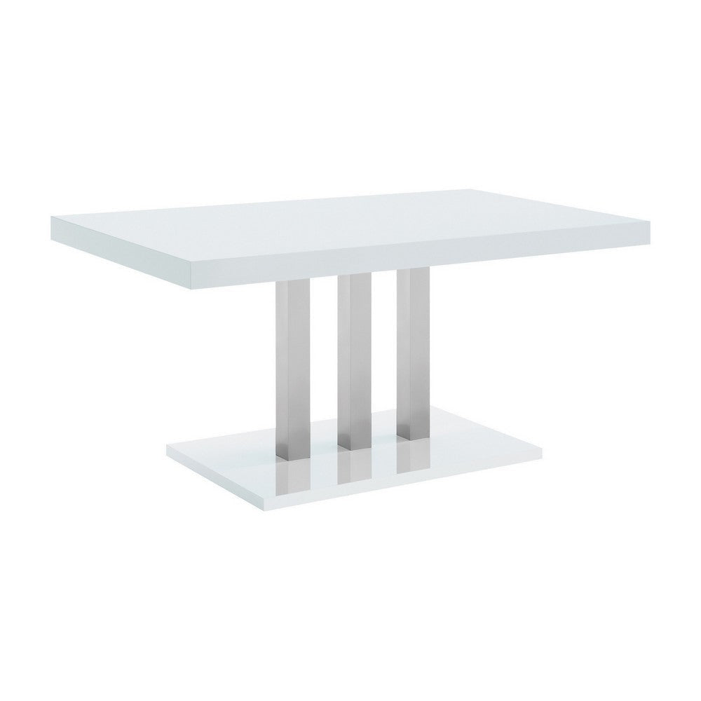 63 Inch Dining Table, White High Gloss Top, Trio Legs, Chrome Pedestal Base By Casagear Home