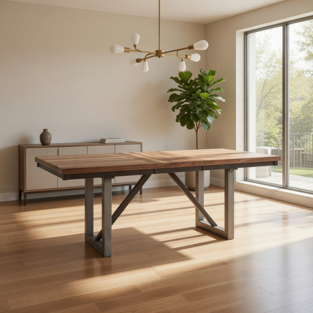 60-77 Inch Extendable Dining Table, Natural Brown Wood, Smooth Gray Metal By Casagear Home