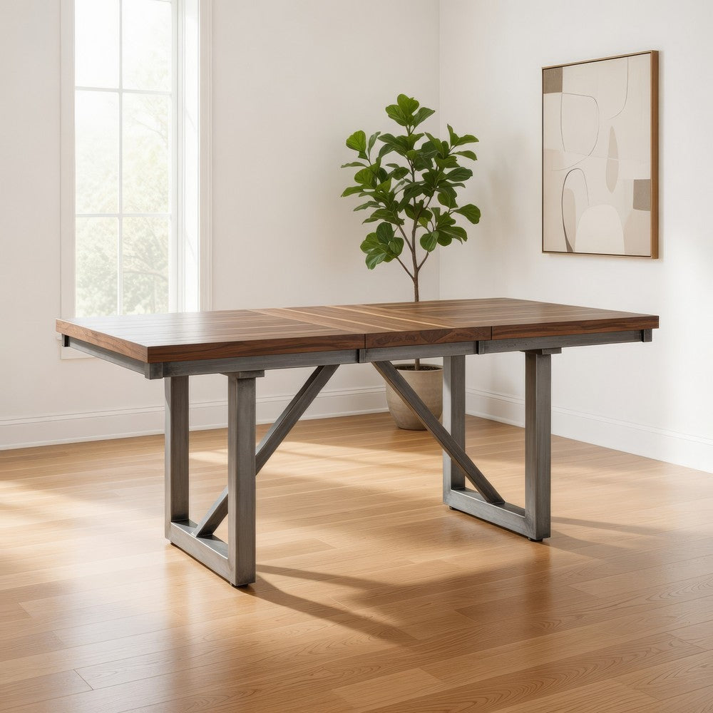 60-77 Inch Extendable Dining Table, Natural Brown Wood, Smooth Gray Metal By Casagear Home