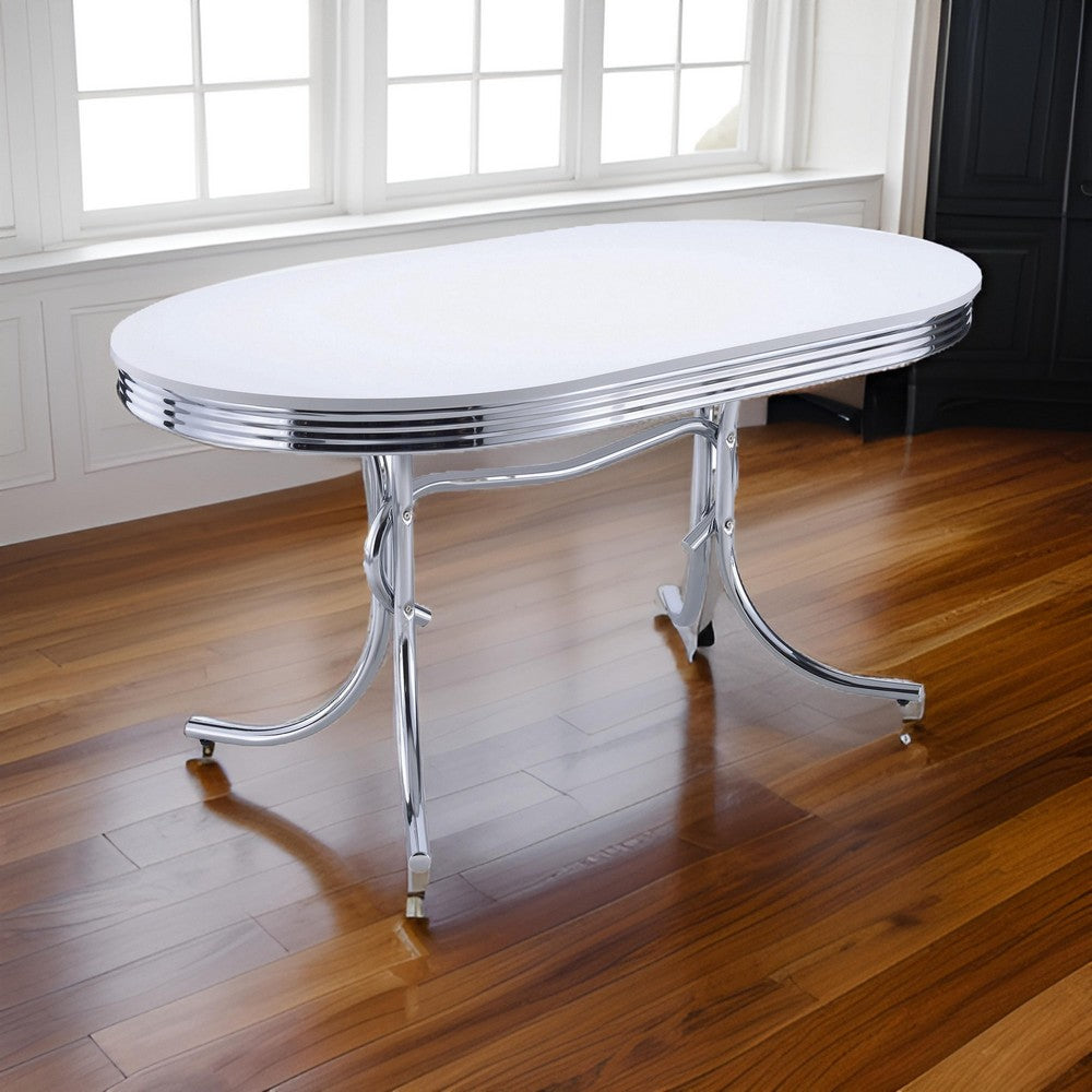 Loy 60 Inch Oval Dining Table, Glossy White Wood Top, Ribbed Chrome Apron By Casagear Home