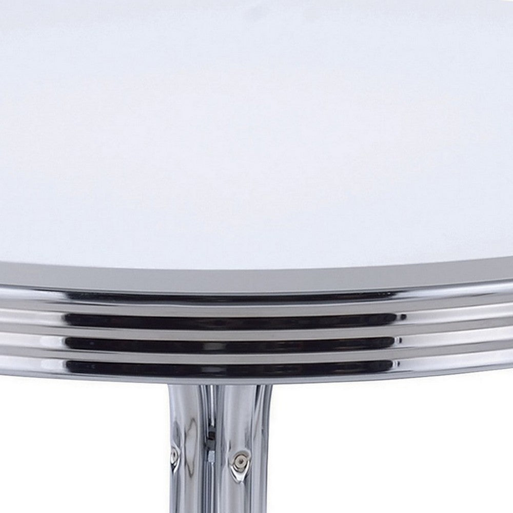 Loy 42 Inch Round Dining Table, Glossy White Wood Top, Ribbed Chrome Apron By Casagear Home
