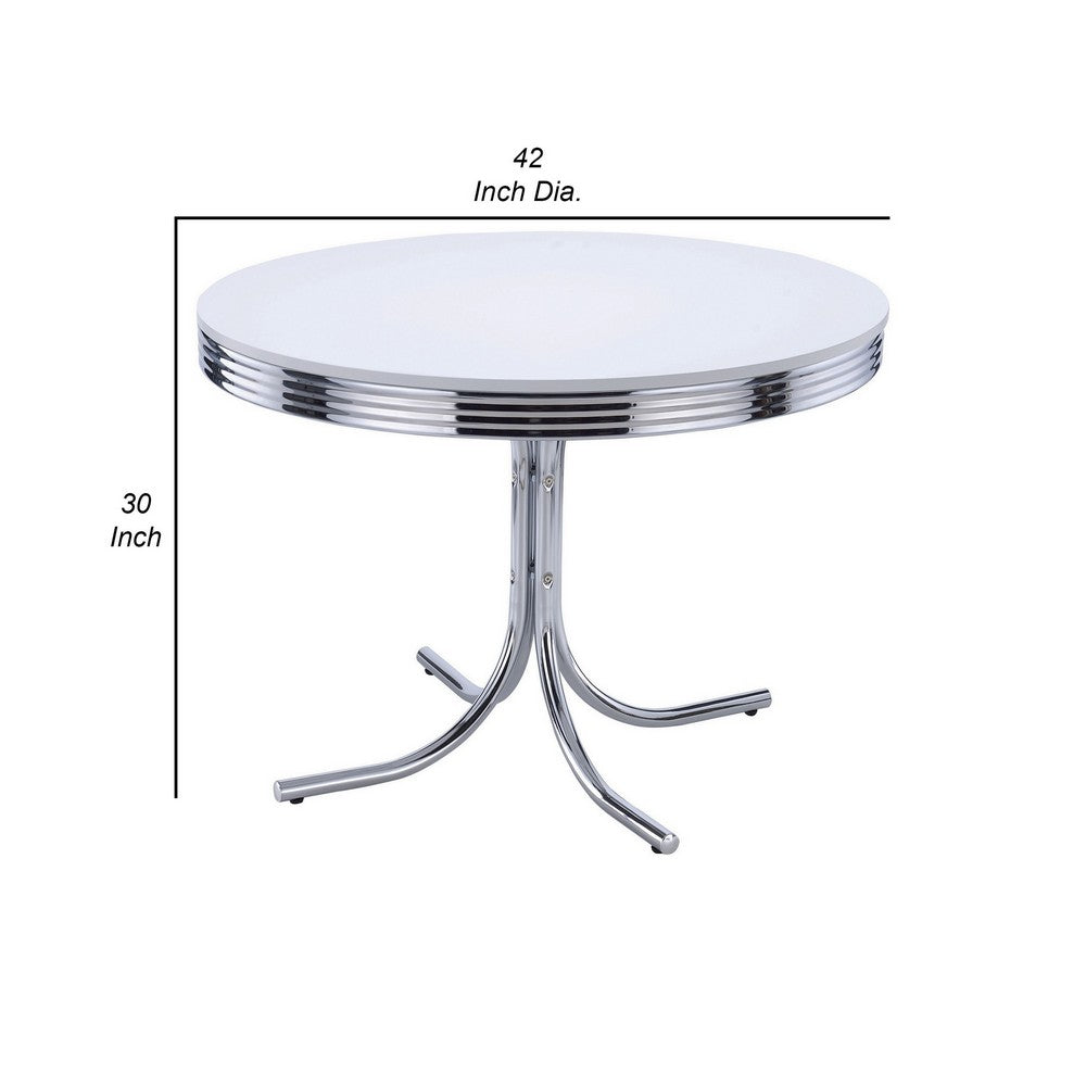 Loy 42 Inch Round Dining Table, Glossy White Wood Top, Ribbed Chrome Apron By Casagear Home
