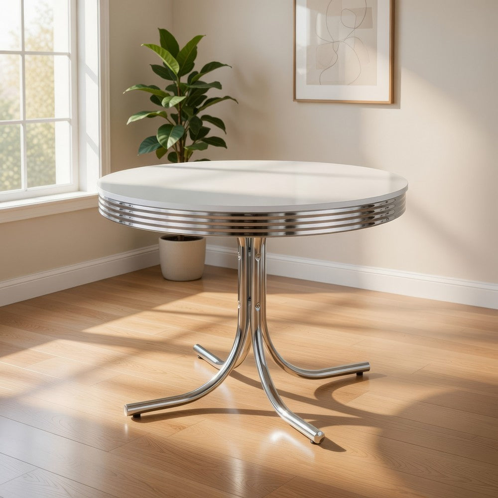 Loy 42 Inch Round Dining Table, Glossy White Wood Top, Ribbed Chrome Apron By Casagear Home