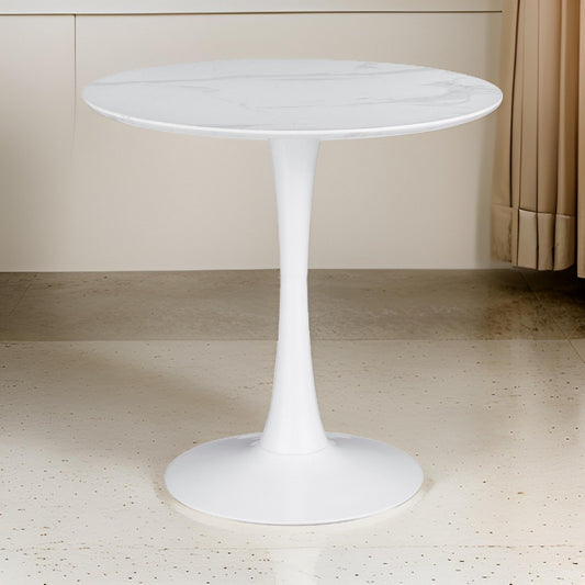 Loxi 30 Inch Round Dining Table, White Faux Marble Top, Tulip Accent Body By Casagear Home