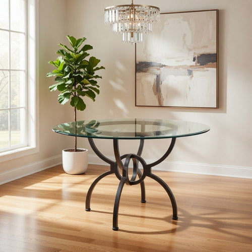 48 Inch Round Dining Table, Clear Glass Top, Interlocked Ring Motif Legs By Casagear Home
