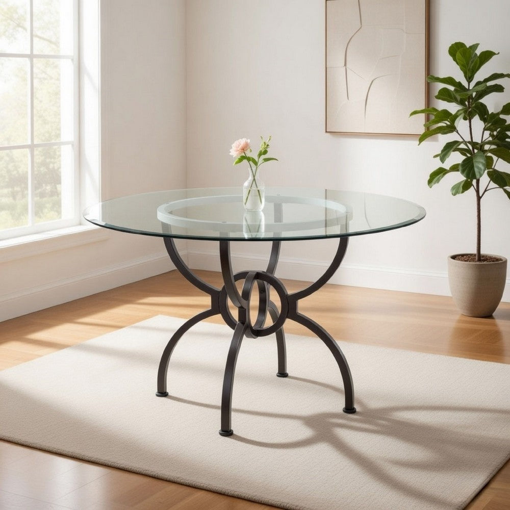 48 Inch Round Dining Table, Clear Glass Top, Interlocked Ring Motif Legs By Casagear Home