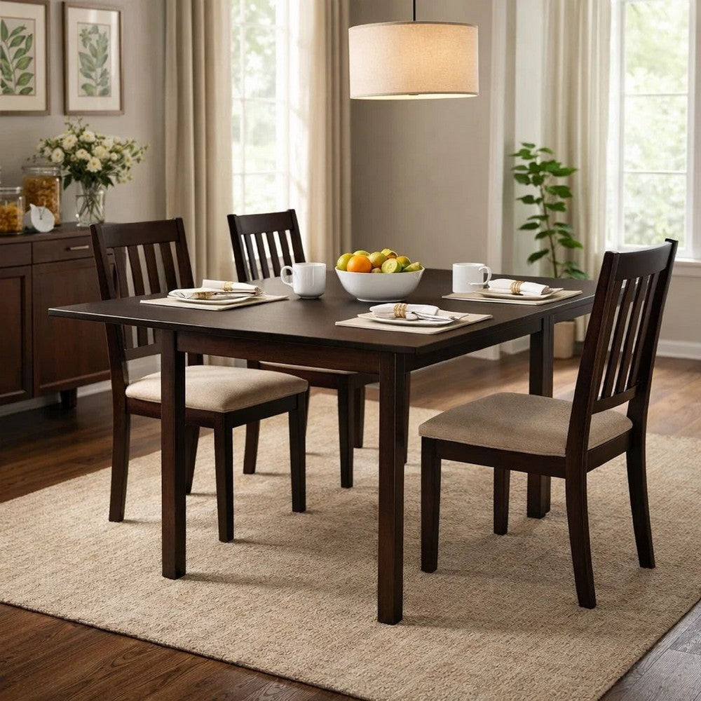 52 Inch Drop Leaf Dining Table, Block Legs, Dark Cappuccino Brown Wood