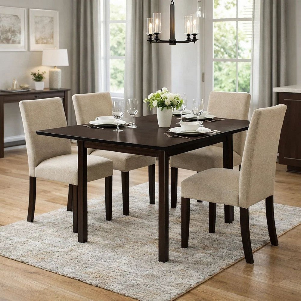 52 Inch Drop Leaf Dining Table, Block Legs, Dark Cappuccino Brown Wood