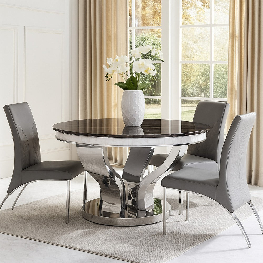 51 Inch Round Dining Table, Marble Top, Glass Tiles on Edge, Chrome Base By Casagear Home