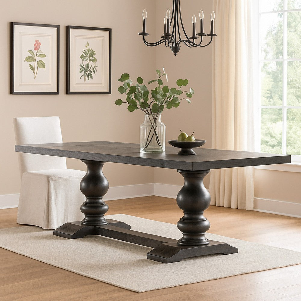 95-123 Inch Dining Table, 2 Extension Leaves, Turned, Antique Black Wood By Casagear Home