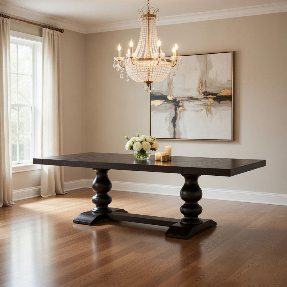 95-123 Inch Dining Table, 2 Extension Leaves, Turned, Antique Black Wood By Casagear Home