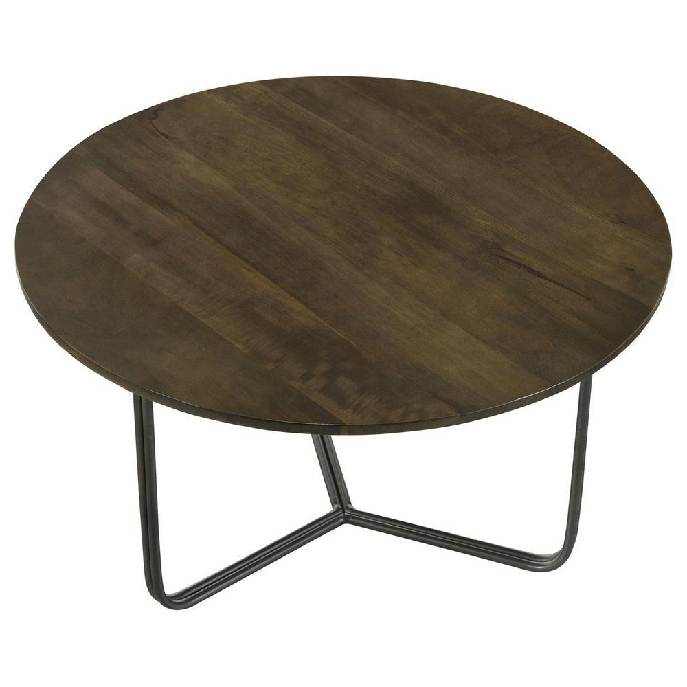 30 Inch Wood Round Accent Coffee Table with Triangular Base Brown Black BM302461