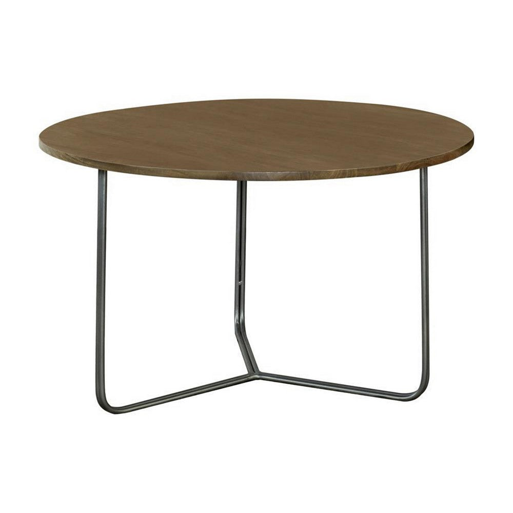 30 Inch Wood Round Accent Coffee Table with Triangular Base, Brown, Black