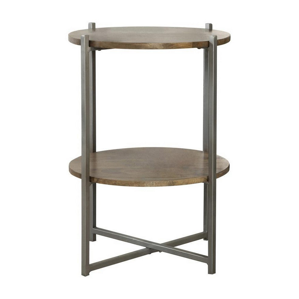 24 Inch Wood Round Accent Side End Table 1 Open Shelf Gray Brown BM302462