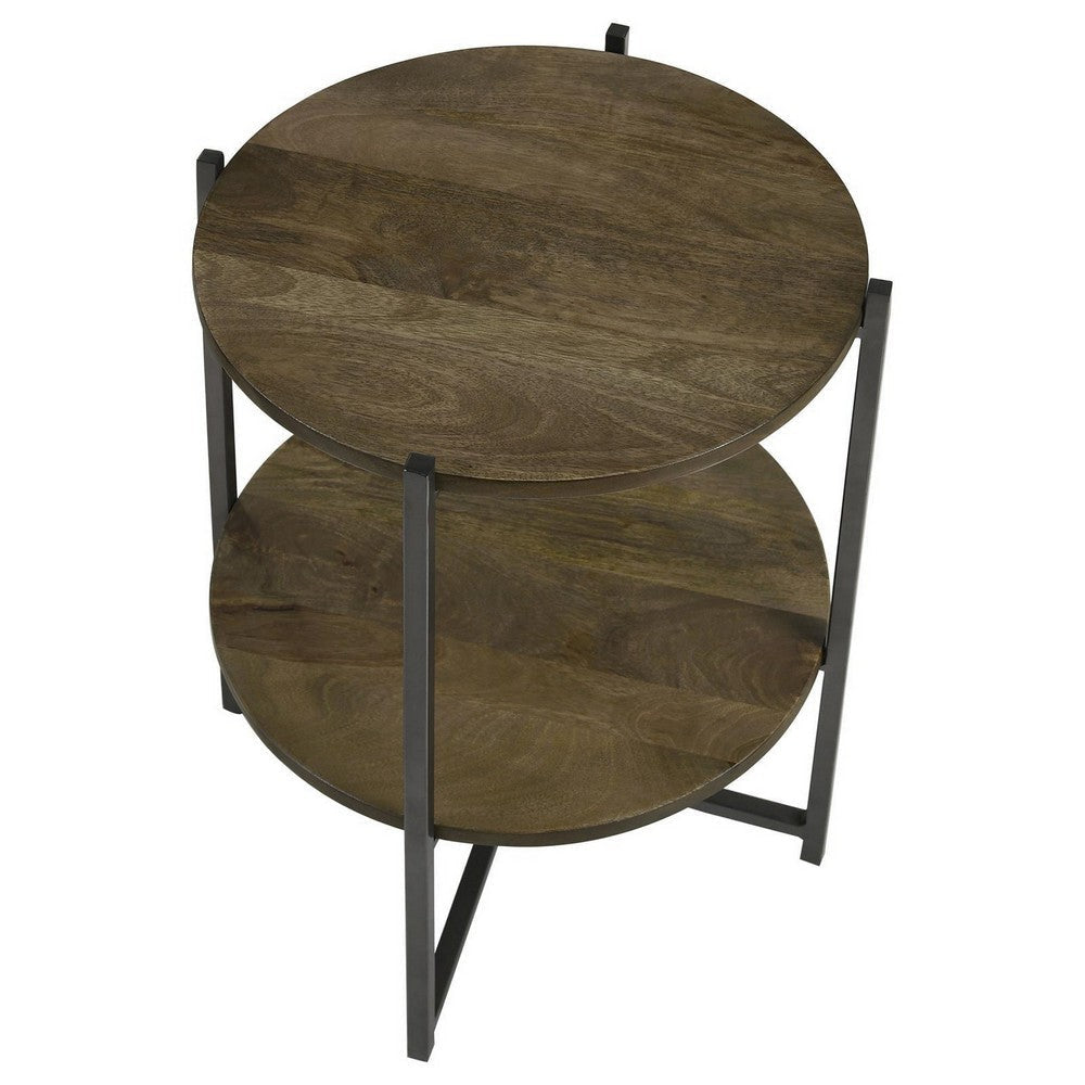 24 Inch Wood Round Accent Side End Table 1 Open Shelf Gray Brown BM302462