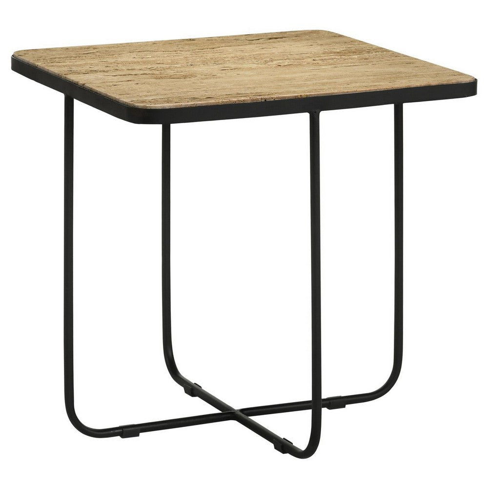 24 Inch Square Accent Side End Table Iron Travertine Marble Top Black BM302463